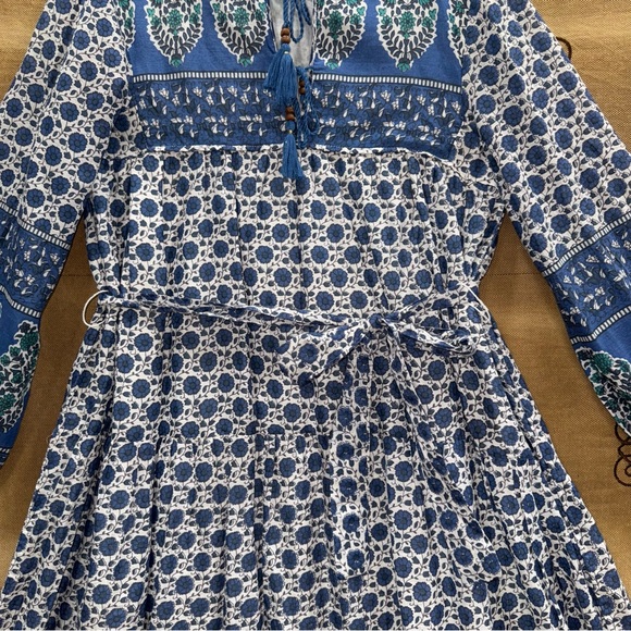 Emerson Fry India Collection Blue&White Paisley Cotton Boho Peasant Midi Dress - Picture 6 of 16